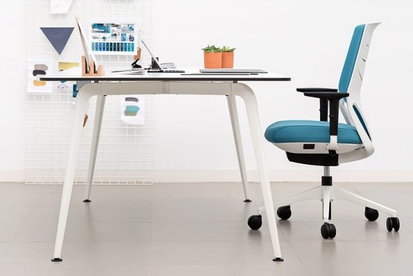 a comfortable and compact blue and white office desk and chair