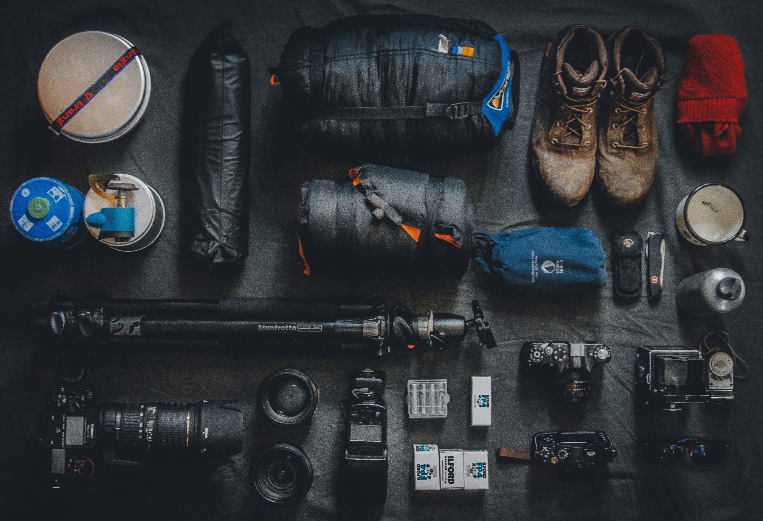 flat lay of camera gear