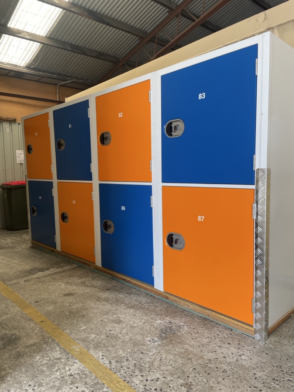 Storage lockers coloured blue and orange